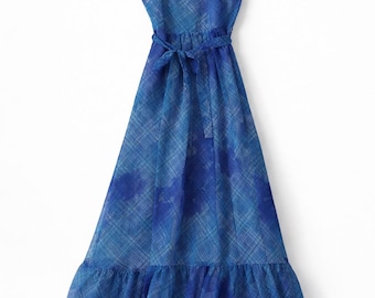 Abito lungo blu retrò, abito in poliestere stampato stile Y2K, vestibilità elegante vintage