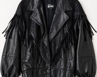 Vintage Black Leather Fringe Jacket Women's L Oversized Western Biker 80s 90s