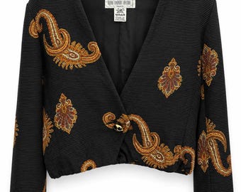 Vintage Bleu Marine Design Black Wool Silk Paisley Cropped Jacket French Blazer