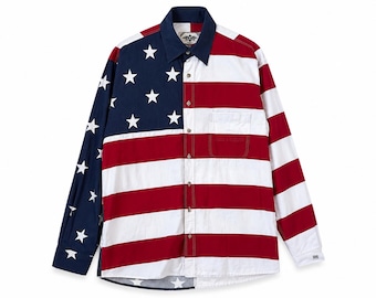 Vintage Stars & Stripes USA Flag Shirt Men's Oversized Cotton Button Up American L