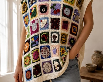 Vintage Crochet Sweater Vest: Colorful Granny Square Knit Waistcoat