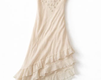 Vintage Cream Silk Maxi Dress: 90s Y2K Boho Romantic Flowy Elegant Slip