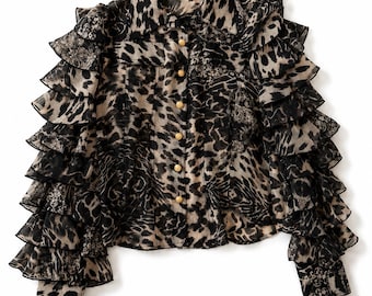 Vintage DCC Design Ruffle Blouse Women Animal Print Sheer Statement Shirt