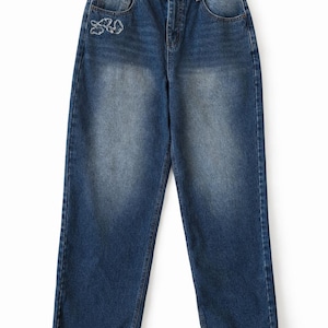 Pantalones vaqueros de mezclilla azul estilo Y2K, corte regular, estilo vintage, ropa urbana, de algodón, talla M para hombre, estilo retro de los años 2000, estampado vaquero.