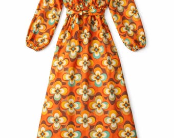 Abito lungo floreale retrò, abito vintage anni '90, abito lungo arancione, abito estivo cottagecore, vita elasticizzata, abbigliamento boho vintage