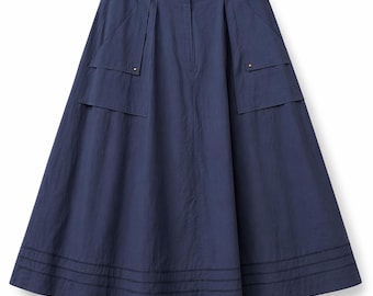 Escada Vintage 90s Navy Cotton Midi Skirt Luxury Minimalist Straight Fit Mid Rise Designer Skirt