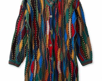 Vintage Limnos Australia Wool Cardigan Multicolor Cable Knit Longline 90s Size S