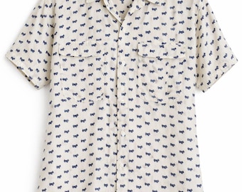 90s Vintage Silk Shirt Printed Cream Button Up Retro Mens Shirt Lightweight Luxury Silk Shirt Regular Fit M