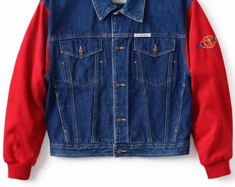 Giacca di jeans vintage anni '90, oversize, blu, in cotone, stile trucker, uomo, retrò streetwear, BUM M