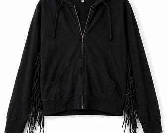 Amuse Black Fringe Hoodie Women Zip Up Sweatshirt Western Boho Tassel Jacket