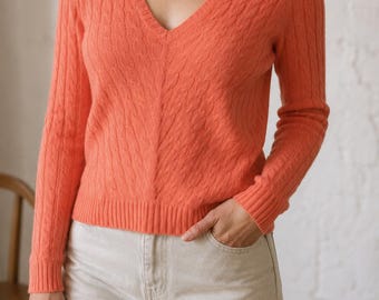 Ralph Lauren Cashmere Cable Knit Sweater Women's Coral Orange V Neck Jumper EUR M