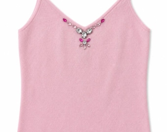 Vintage Pink Angora Wool Knit Cami Top Rhinestone Y2K Spaghetti Strap Max & Jenny
