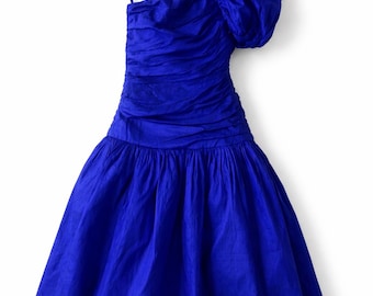 Abito vintage in seta blu, abito midi minimalista anni '90 da donna, elegante abito sottoveste, abito da sera classico retrò 100% seta.