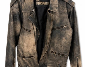 Vintage Haasmann Distressed Leather Biker Jacket Gray Moto Motorcycle