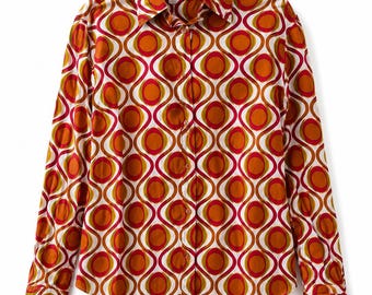 Vintage Run & Fly 70s Shirt Men Orange Geometric Print Retro Mod Cotton Shirt