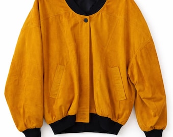 Giacca bomber gialla oversize: cappotto streetwear in stile anni '90 Y2K in pelle.