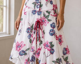 Vintage Marithe Francois Girbaud Floral Cotton Skirt White Asymmetrical Y2K EU S