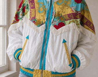 Vintage East West Fringe Windbreaker Jacket White Baroque Print Oversized 90s EU M