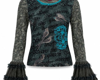 Vintage Save The Queen Mesh Blouse Women's Green Printed Ruffle Sleeve Top