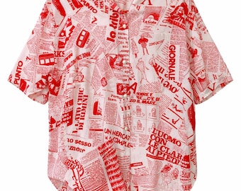 Oversized Red Blouse 90s Print Shirt Y2K Vintage Style Statement Top Streetwear Women L