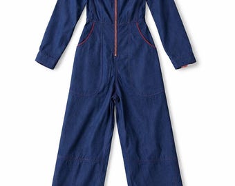 Tuta intera oversize in denim vintage anni '90, blu, con elastico in vita, stile retrò streetwear workwear da donna