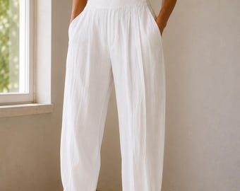Ralph Lauren Purple Label Linen Blend Pleated Trousers White Tapered Pants EU S