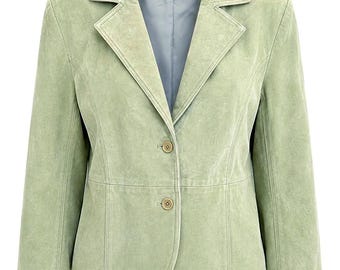 Vintage Green Suede Leather Blazer Women Y2K Fitted Jacket Sage Green Blue.