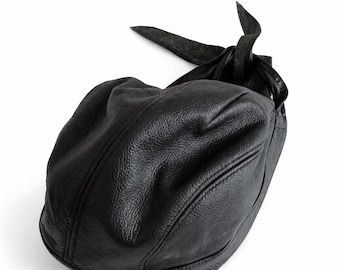 Vintage Black Leather Hat 90s Real Leather Cap Retro Streetwear Minimalist Bucket Style Men Hat One Size