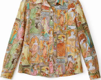 Camicetta con stampa Art Nouveau anni 2000: Top retrò multicolore in poliestere, camicia casual chic di tendenza