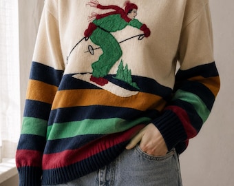 Vintage Mondi Ski Sweater Women's Wool Blend Appliqué Skier Knit Jumper EU M