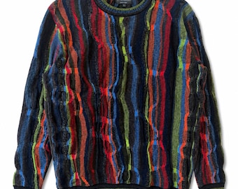 Vintage Carlo Colucci 3D Knit Wool Sweater Multicolor Striped Crew Neck Size L