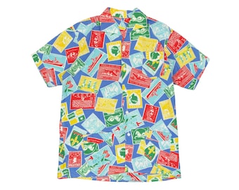 Vintage 90s Stamp Print Oversized Short Sleeve Shirt – Retro Streetwear M