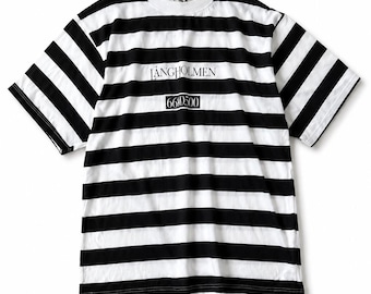 Vintage Striped T Shirt Black White Oversized Cotton Tee 90s Streetwear L