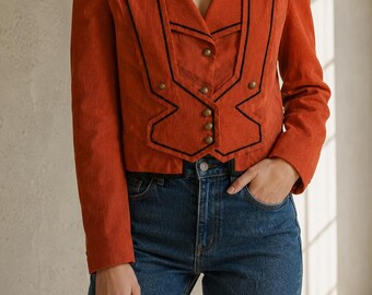 Vintage 80s Orange Cropped Blazer Women's Military Style Statement Jacket EU M