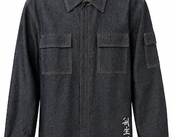 Vintage Denim Jacket: Y2K Streetwear, Asian Appliqué Detailing