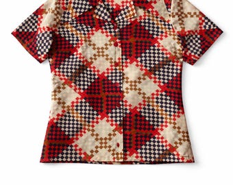 Camicetta Horten a quadretti anni '90: top retrò in poliestere multicolore, stile cottagecore