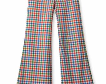 90s Vintage Checkered Flared Pants Women Retro Cotton Trousers Mid Rise Y2K Streetwear Boho Pants Size M