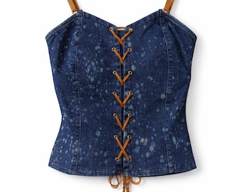 Top vintage in denim anni '90, aderente, blu, crop top, cotone elasticizzato, stile bustier retrò, streetwear Y2K da donna