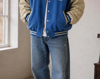 Vintage Garageland Blue Leather Sleeve Varsity Bomber Jacket Men's Y2K Oversized XL