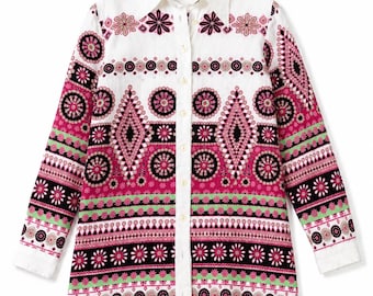 Vintage Iverson Floral Blouse Women 70s Mod Print Pink White Long Sleeve Shirt