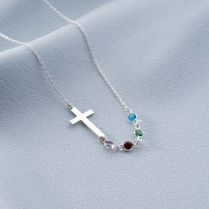 Personalized Birthstone Silver Sideways Cross Necklace, Unique Cross Birthstone Pendant, Religious Birthstone Necklace, Christmas Gift