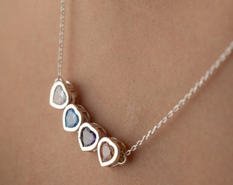 Silver Heart Birthstone Necklace, Birthstone Necklace for Mom, Family Birthstone Necklace, Silver Gift for Mom, Custom Birthstone Jewelry