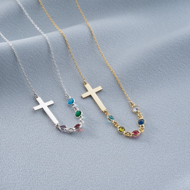 Personalized Birthstone Silver Sideways Cross Necklace, Unique Cross Birthstone Pendant, Religious Birthstone Necklace, Christmas Gift