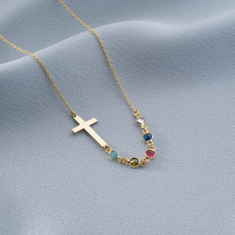 Personalized Birthstone Silver Sideways Cross Necklace, Unique Cross Birthstone Pendant, Religious Birthstone Necklace, Christmas Gift