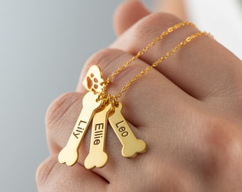 Personalized Dog Bone and Paw Charm Necklace, Custom Dog Name Bone and Paw Necklace, Dog Lovers Necklace, Jewelry Gift for Pet Lovers