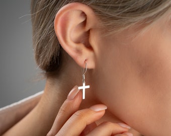 Minimalist Cross Shaped Charm Huggie Hoop Earrings, Cross Dangle Earrings, Gift for Her, Tiny Cross Threader Earring, Cross Huggie Hoops