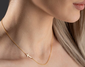 Unique Cross Pendant, Silver Sideways Cross Necklace, Protection Necklace, Dainty Jewelry for Mom, Christmas gift,Delicate Tiny Cross Design