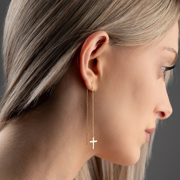 Cross Threader Earrings, Cross Jewelry, Cross Dangle Earrings, Christian Gift, Gift for Her, Minimalist Earring, Tiny Cross Threader Earring