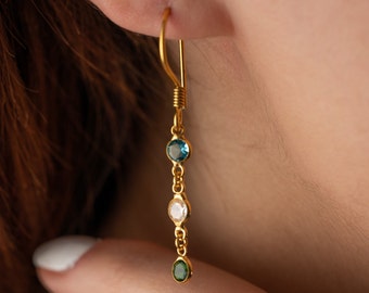 Custom Silver Birthstone Earrings, Birthstone Dangle Earrings Gold, Family Birthstone Earrings for Women, Personalized Earrings