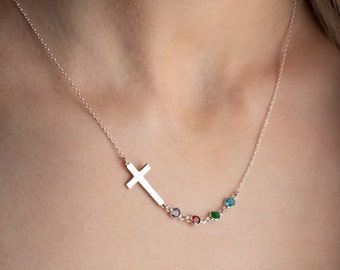 Cross Family Birthstone Necklace, Personalized Sideways Cross Necklace with Birthstone, Religious Birthstone Jewelry, Dainty Gift for Mom